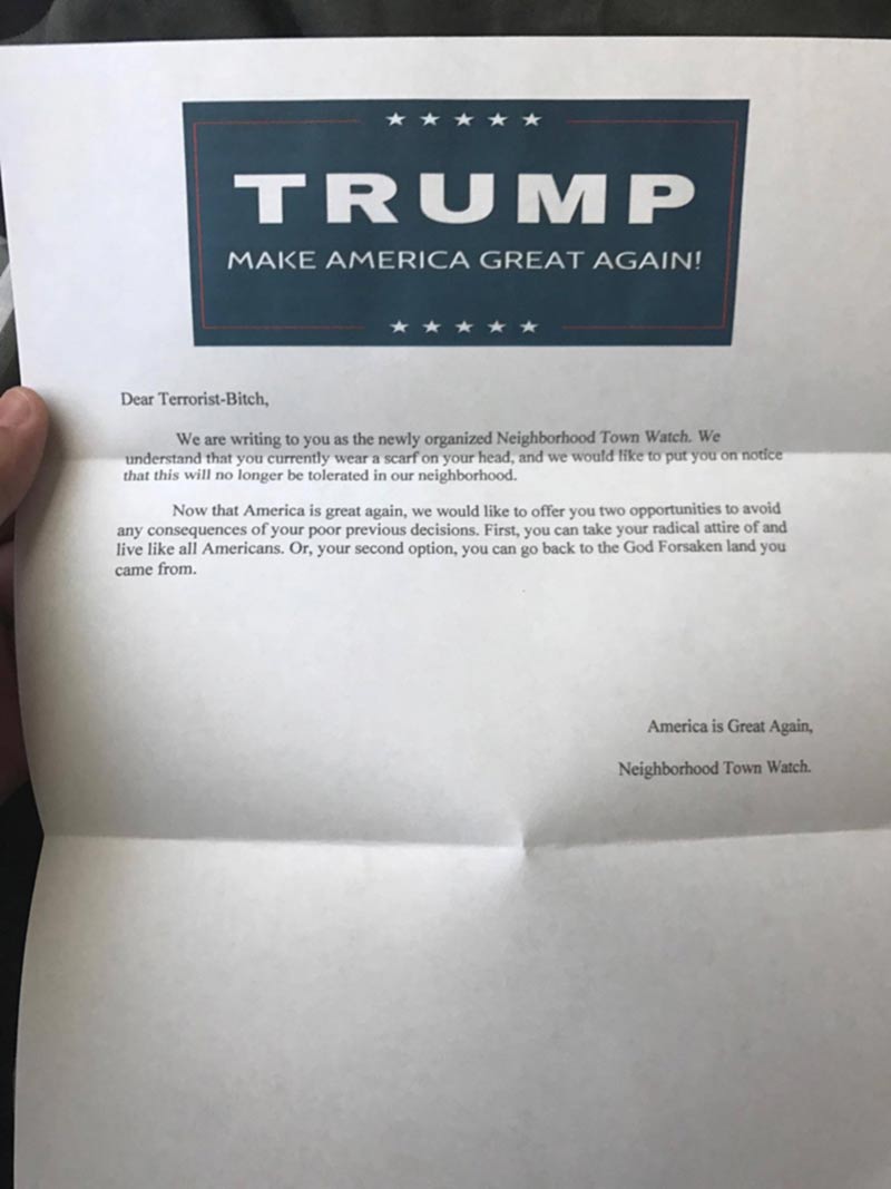 Claim: A photograph shows a threatening letter from a "neighborhood town watch" that was widely circulated to Muslims in the United States.